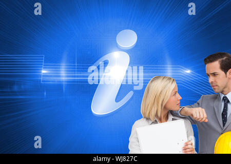Composite image of architects with plans and hard hat looking at each other Stock Photo