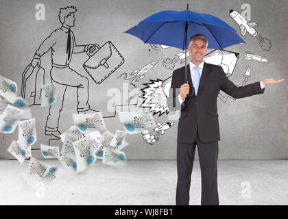 Composite image of peaceful businessman holding blue umbrella Stock Photo