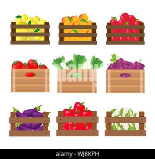 fruits and vegetables in wooden crates Stock Vector