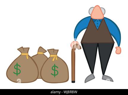 Vector illustration old man with dollar money sacks. Hand drawn. Colored outlines. Stock Vector