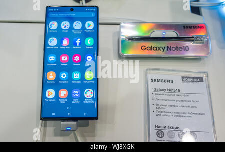 August 29, 2019 Moscow, Russia. The new smartphone from Samsung Galaxy Note 10 on the storefront. Stock Photo