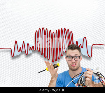 Composite image of portrait of confused young it professional with screw driver and cables in front of open cpu over white background Stock Photo