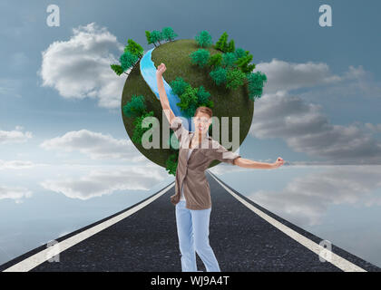 Composite image of happy woman jumping in the air Stock Photo