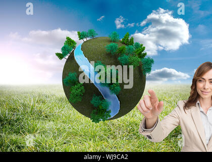 Composite image of portrait of businesswoman touching invisible screen Stock Photo