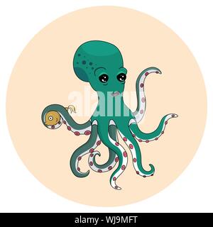 Green octopus cartoon character. Aquatic fauna. Octopus icon. Octopus holdinhg a fish. Vector illustration. Stock Vector