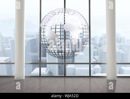 Silver globe floating in room Stock Photo