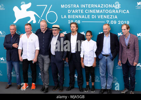 Venice, Italy. 3rd Sep, 2019. Director Vaclav Marhoul (2nd R) and other cast members attend a photocall for the film 'The Painted Bird' during the 76th Venice Film Festival in Venice, Italy, on Sept. 3, 2019. Credit: Zhang Cheng/Xinhua/Alamy Live News Stock Photo