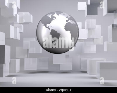 Planet floating in grey room with cubes Stock Photo
