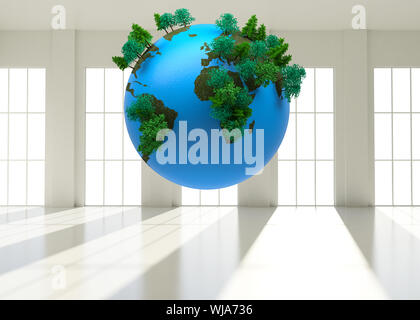 Digitally generated globe floating in bright room with windows Stock Photo