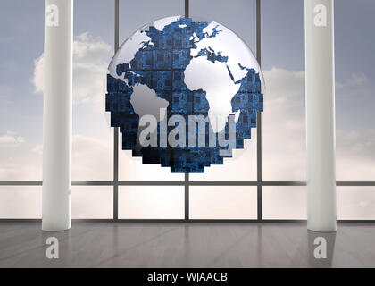 Digitally generated blue globe floating in room Stock Photo