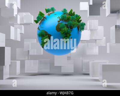 Globe floating in room with cubes Stock Photo