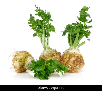 Fresh celeriac root with celery stalks isolated background Stock Photo