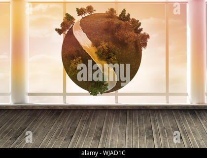 Digital earth floating in room Stock Photo
