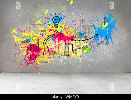 Colorful splashes on grey wall with graphics Stock Photo