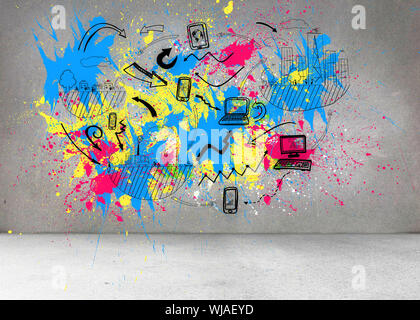 Colorful splashes on grey wall with graphics Stock Photo