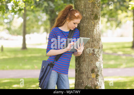 Redhead student leaning against a tree using her tablet pc Stock Photo