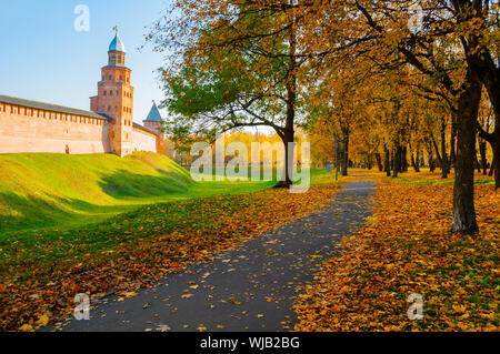 Veliky Novgorod, Russia. Kokui and Prince towers of Veliky Novgorod Kremlin at autumn sunny day. Focus at the Kremlin tower. Autumn city landscape Stock Photo