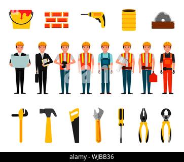 bundle of construction workers and tools Stock Vector