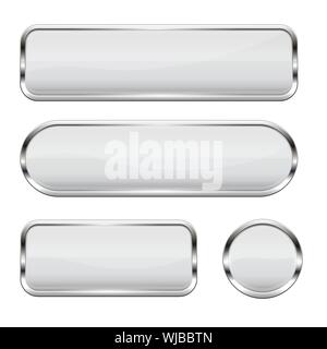 White glass buttons. Set of 3d shiny icons with chrome frame Stock Vector