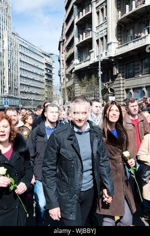 BELGRADE, SERBIA - MARCH 12 Cedomir Jovanovic, leader of the Liberal Democratic Party, a walk in honor of the dead Serbian Prime MinisterZoran Djindji Stock Photo