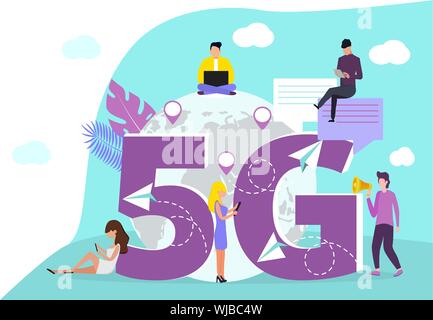 5G network wireless concept vector. Big letters 5g are shown on blue background. Stock Vector