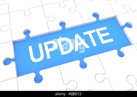 Update - puzzle 3d render illustration with word on blue background Stock Photo