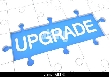Upgrade - puzzle 3d render illustration with word on blue background Stock Photo