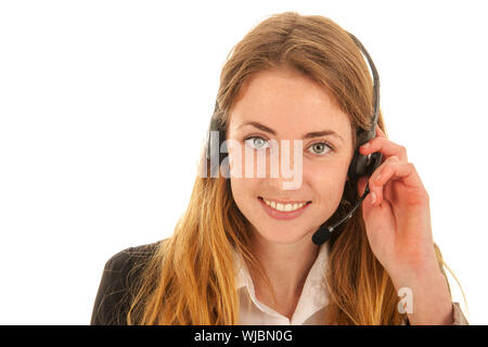 Blond woman with headset for customer support on the phone isolated over white background Stock Photo