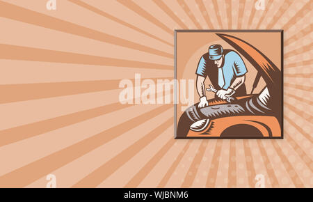 Business card template showing illustration of an automobile auto mechanic repair car with wrench spanner done in retro woodcut style. Stock Photo