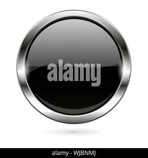 Black glass button. 3d shiny round icon Stock Vector