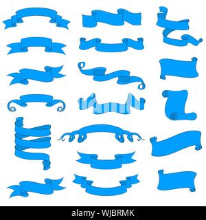 Ribbon and paper scrolls. Blue icons set Stock Vector