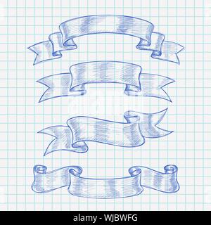 Ribbon scrolls. Hand drawn sketch on lined paper background Stock Vector
