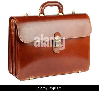 Ginger Leather Briefcase with Gold Details isolated on white background Stock Photo