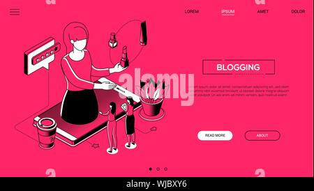 Blogging - line design style isometric web banner Stock Vector