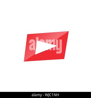 Play button. White Triangle sign over red rectangle, multimedia button template Vector illustration Stock Vector