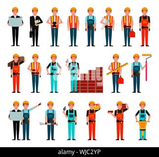 bundle of construction workers and tools Stock Vector