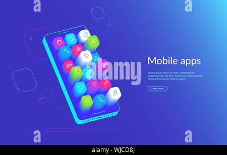 Isometric smartphone with various applications flying out the screen. Mobile apps icons for social media, messages and calls, maps, weather and smart Stock Vector