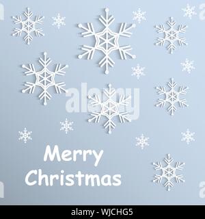 Vector Christmas Background with volumetric snowflakes. White snowflakes with shadow. Christmas and new year card template. Stock Vector