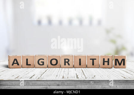 Algorithm word on a wooden sign made of blocks in a bright room Stock Photo