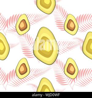 Seamless pattern with avocado slices and leaves of monstera on light background Stock Vector