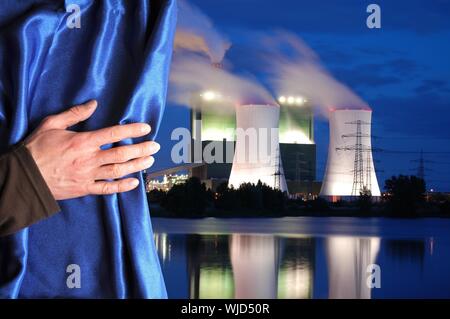 power plant and blue curtain showing pollution or energy supply concept Stock Photo