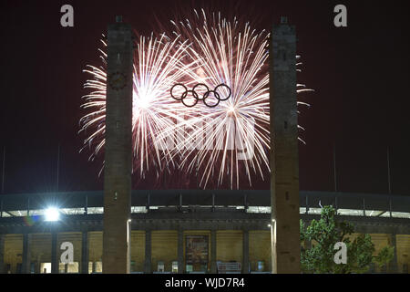 Berlin, Berliner, Germany, festival, fireworks, firework-maker's festival, Olympic stadium, Pyronale, Westend, Berlin 8/30/2019. 14. Pyronale on the M Stock Photo