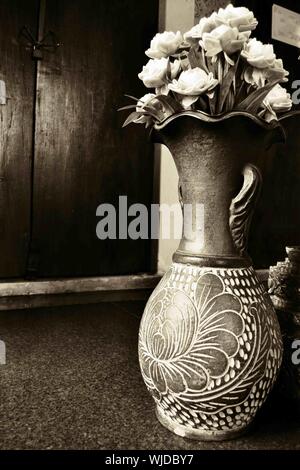 many lotus flower in Ceramic Vase at temple Stock Photo