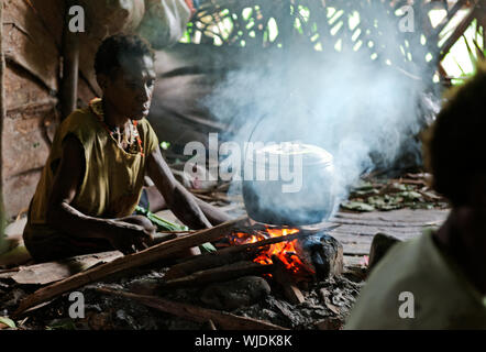 ONNI VILLAGE, NEW GUINEA, INDONESIA - JUNY 24: The woman from a Papuan tribe korowai cooks food. Korowai Kombai ( Kolufo).On June 24, 2012 in Onni Vil Stock Photo