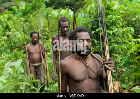 ONNI VILLAGE, NEW GUINEA, INDONESIA - JUNY 24: The group Portrait Korowai people on the natural green forest background.On June 24, 2012 in Onni Villa Stock Photo
