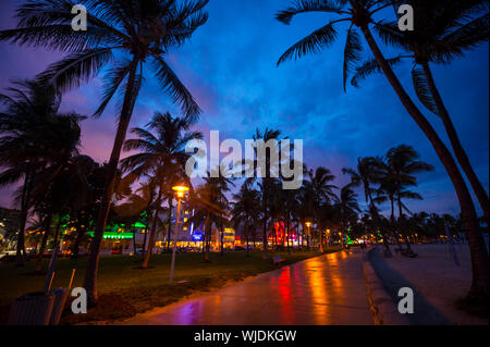 MIAMI - SEPTEMBER 2, 2019: Colorful lights reflect on the deserted promenade in Lummus Park after Hurricane Dorian kept Labor Day crowds away. Stock Photo