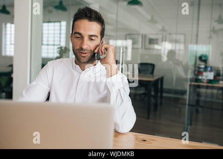 Smiling businessman talking on his cellphone at an office desk Stock Photo