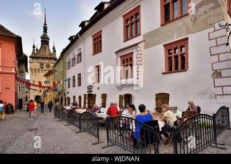 Restaurant in the medieval old town inside the citadel. A Unesco World Heritage Site. Sighisoara, Transylvania. Romania Stock Photo