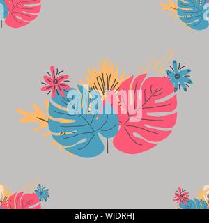 Abstract drawing in scandinavian style. Modern illustration with tropical leaves, grunge, marbling textures, doodles, minimal elements. Creative seaml Stock Vector