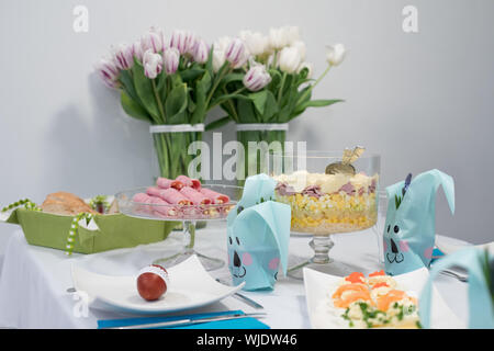 Traditional, polish Easter table with colored eggs, boiled eggs Stock Photo
